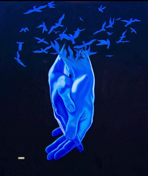 Birds & hands blue (152 x 121.9)